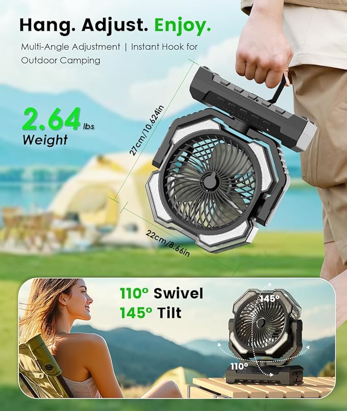 Camping Misting Fan - 24000mAh Portable Battery Powered Fans with 9oz Water Tank, Light, Hook - Rechargeable, 120H Cooling, Last 5H Mist, 4 Speed, Sleep Mode - Outdoor Gear, Travel Essentials