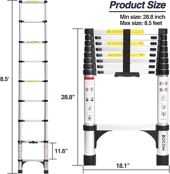 BOCOM 8.5 FT Aluminum Telescoping Ladder, Lightweight Multi-Purpose Collapsible Extension with 2 Triangle Stabilizers, Heavy Duty 330 lbs Max Capacity, Ideal for Home, RV, and Outdoor Work Silver