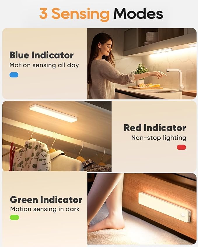 13inch Under Cabinet Lighting, 3 Color Temperatures Motion Sensor Light Indoor, USB Rechargeable Battery Operated Closet Lights, Dimmable LED Cabinet Lights, Under Counter Light for Kitchen (2 Pack)