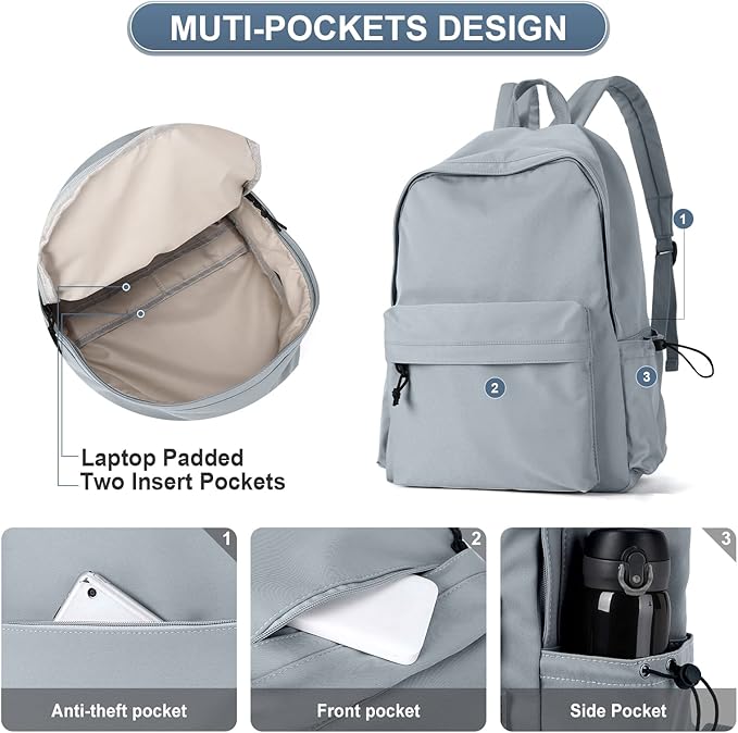 PAUBACK Blue School Backpack for Girls Water Resistant High School Book Bag Simple Backpack for Teens Boys Girls, Lightweight Middle School Back Pack Daypack