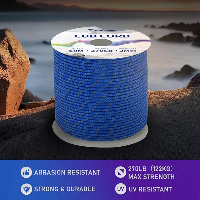 Paracordland-270LB Parachute Cord -164FT-2mm Micro Paracord-Utility Cord Thin Braided Best for Military & Camping Survival Bracelet DIY Projects Fishing Lanyards -Reflective-Blue