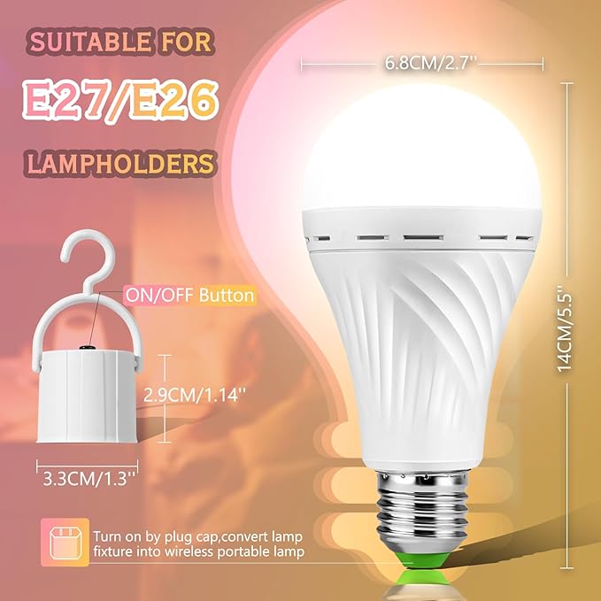 6 Pack Rechargeable Emergency Light Bulbs, Battery Powered LED Light Bulb 6000K Daylight E26 12W 60W Equivalent with 1500mAh for Home Power Outage Camping Hiking( 6 Bulbs, 6 Hooks,3 Plug Caps)