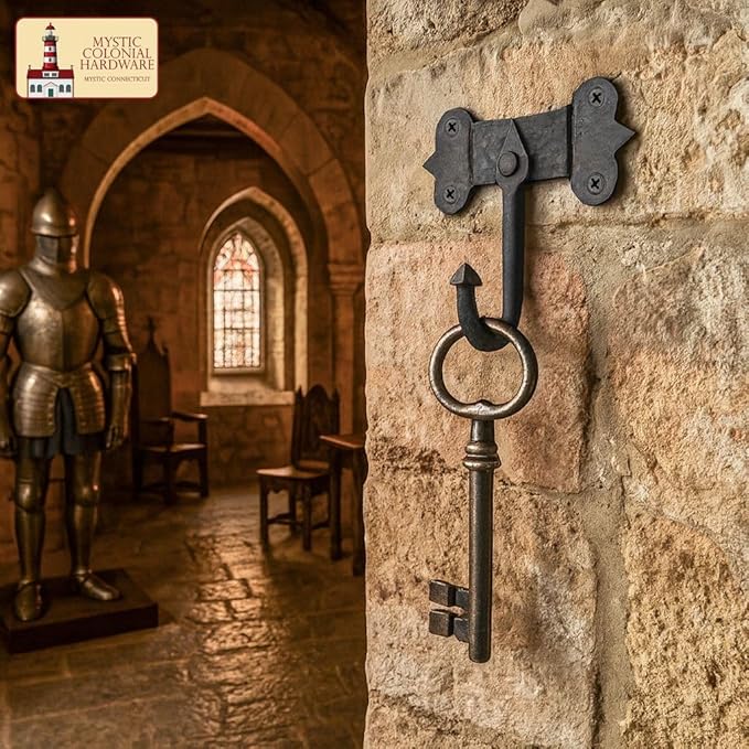 "Mystic Colonial Medieval Hand-Forged Iron Wall Hooks Set of 2 (4 in x 5 in) Rustic Coat Hooks | Heavy Duty Black Antique Hangers with Mounting Hardware | Vintage Wall Hooks for Bags, Towels & Keys"