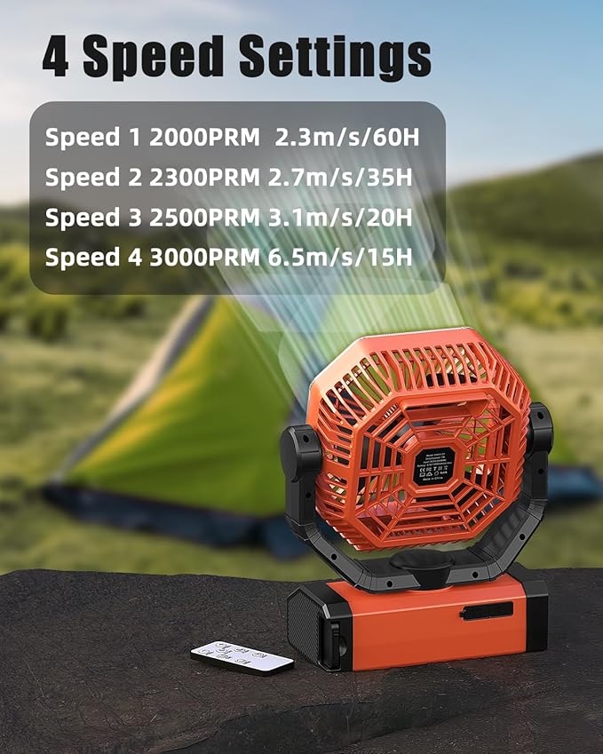 Battery Powered Fan - 9-Inch Rechargeable Fan Portable, 24000mAh(60Hrs) Camping Fans for Tent, Auto Oscillation Cordless, Tent Fans for Camping with Remote/light, 4 Speeds, 4 Timing, Outdoor