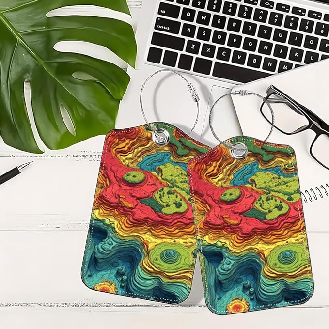 2Pcs Topographic Art Luggage Tags for Suitcases, 2.83x4.53 Abstract Map ID Labels with Privacy Cover, Colorful Layered Style Bag Tags for Backpacks, Travel Essentials for Men & Women, 2 Pack
