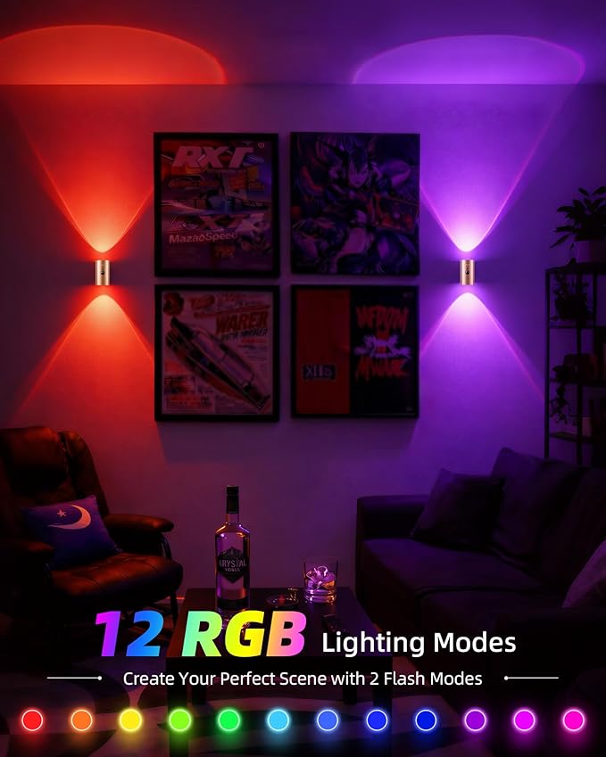 EZVALO Motion Sensor Wall Sconce with Remote, Battery Operated 4000mAh Rechargeable Wall Light, 3 Color Temperatures & 12 RGB, Up & Down LED Lighting for Hallway, Stairway (Brass Gold, 1 Pack)