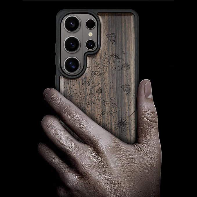 Carveit Magnetic Wooden Case for Samsung Galaxy S26 Ultra Case 2026, TPU Shockproof Cover & Wood Artisan Engraved, Compatible with MagSafe Wireless Chargers (World Map) Blackwood
