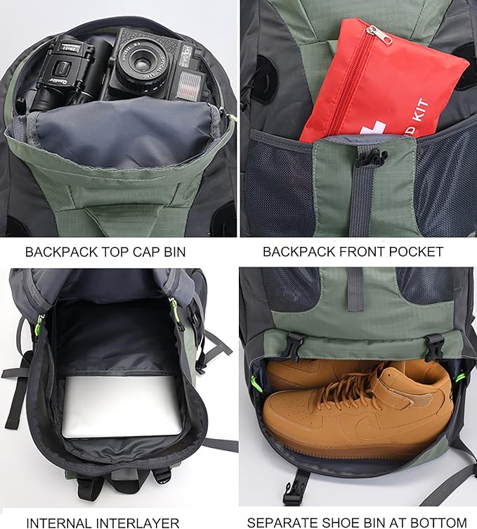Bseash 50L Hiking Backpack, Water Resistant Lightweight Outdoor Sport Daypack Travel Bag for Camping Climbing Skiing Cycling (Gold - With Shoe Compartment)