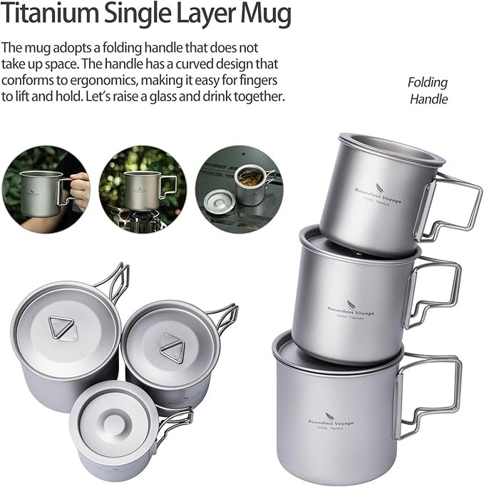 iBasingo Titanium Cup Set with Lid Foldable Handle Single-walled Camping Mug Lightweight Portable for Outdoor Drinking Drinkware US-Ti3060D