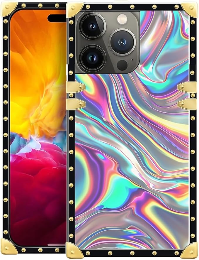 Compatible with iPhone 15 Pro Case, Holographic Abstract Iridescent Textures Luxury Golden Decoration for Girl Women Soft TPU Shockproof Protective Hard PC Back for iPhone 15 Pro