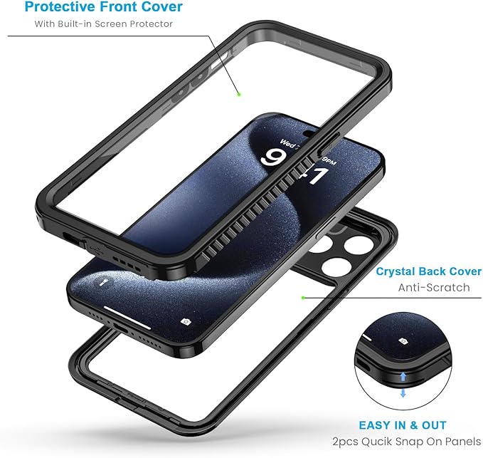 Lanhiem for iPhone 15 Pro Case, IP68 Waterproof Dustproof Shockproof Case with Built-in Screen Protector, Full Body Protective Heavy Duty Phone Case for iPhone 15 Pro - 6.1 inch (Black/Clear)