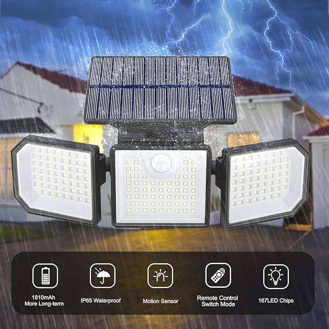 Solar Lights Outdoor with Motion Sensor, 2500LM 167 LED Security Lights with Remote Control, 270° Wide Angle Flood Wall Lights with 3 Modes, LED Flood Light for Garage Yard Entryways Patio