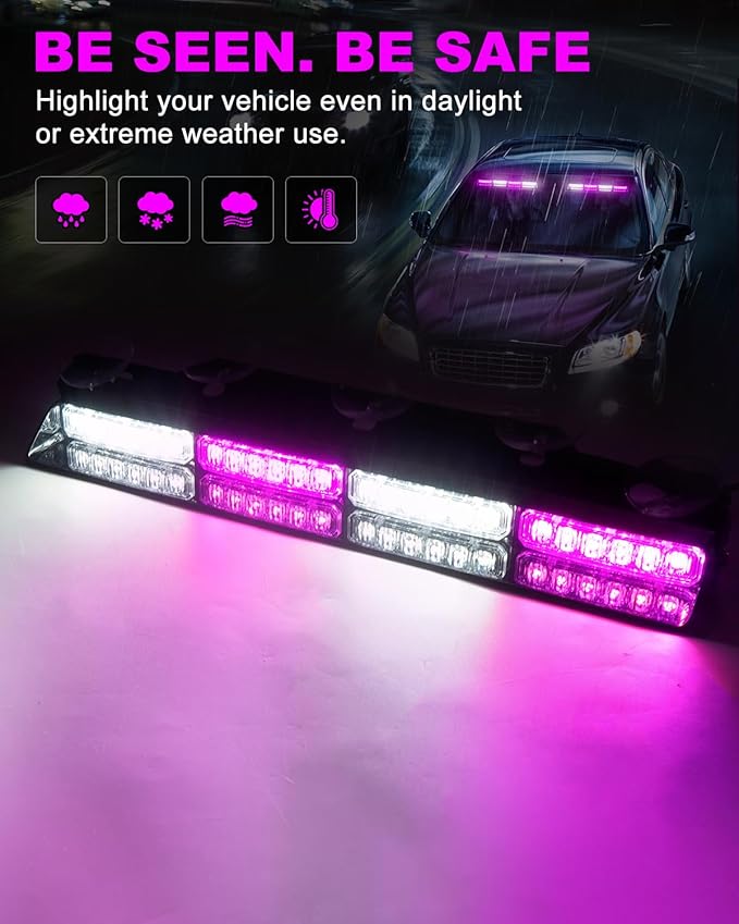 HLauto 6Z4J Emergency Dash Strobe Lights: 2x16.8 inch Purple White Safety Lights, 48 LED Flashing Warning Hazard Interior Windshield Visor Traffic Light Bar for Trucks, Construction Vehicles
