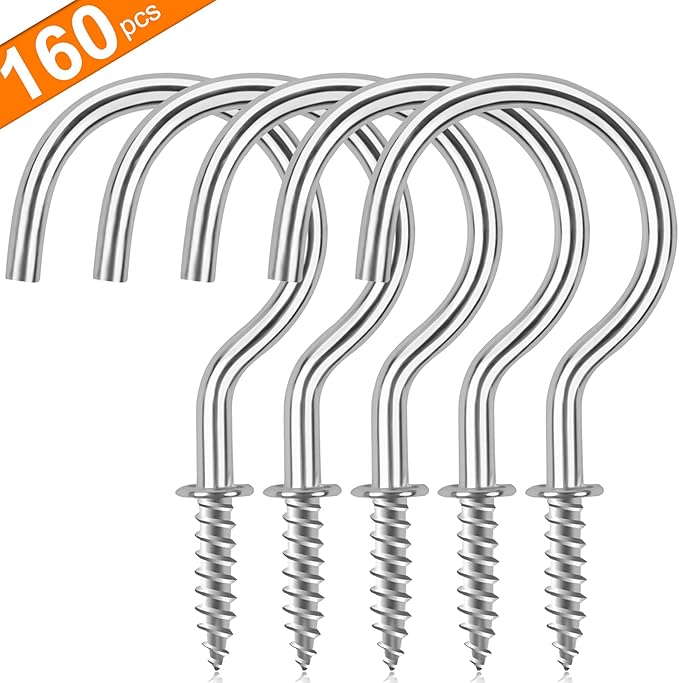 Cup Screw Hooks,3/4 inch Metal Screw in Ceiling Hooks,160 Pack Metal Plant Hanger Hook, Wind Chimes Hook Kitchen Cup Hooks Great for Hanging Indoor & Outdoor Use(Silver)