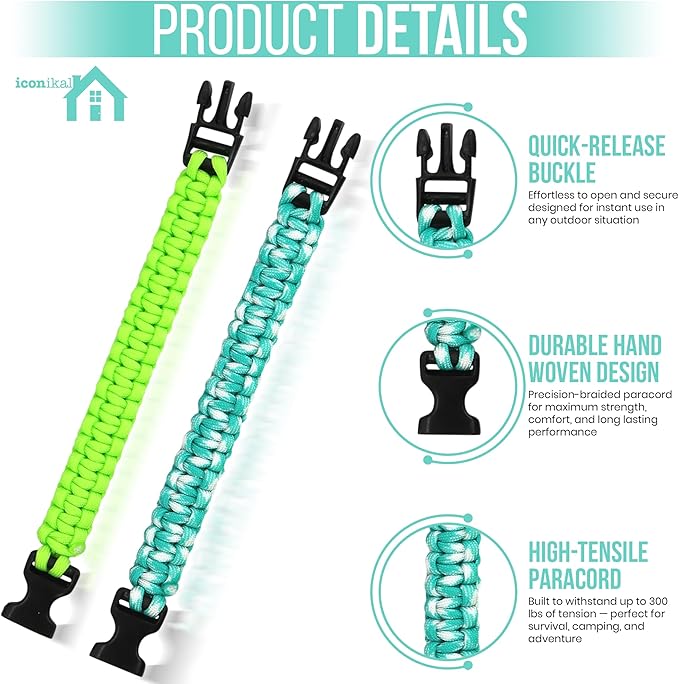 Iconikal 12-Pack Paracord Survival Bracelets Quick-Release Clip Assorted Colors 2 Sizes Medium Large Adjustable Camping Hiking Emergency Gear