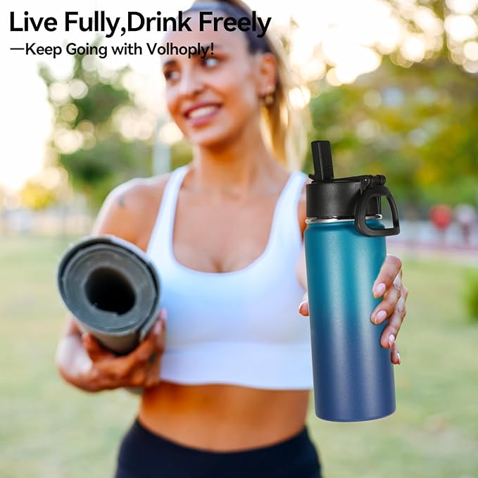 Volhoply 18oz Kids Insulated Water Bottle,Stainless Steel Water Bottles with Straw Lid,Wide Mouth Reusable Metal Sports Water Flask,Double Wall Vacuum Travel Cups For Cold Drink(Dark Night,1 Set)