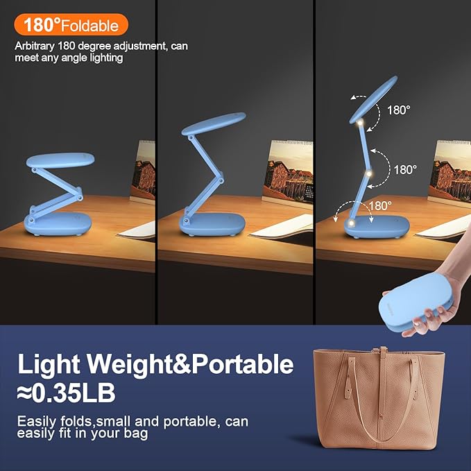 Akejrym LED Desk Lamp for Office & Home, Battery Operated, Foldable & Portable Light, 2-Fold Bracket, 3 Brightness Dimmable, Wireless Reading Lamp (Blue)