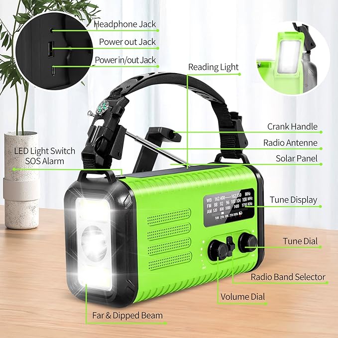 20000mAh / 74000mWh Emergency Crank Radio, NOAA/AM/FM Portable Weather Radio, Solar Hand Crank Radio, Battery Powered with USB Phone Charger, Flashlight Reading Lamp & SOS for Survival (Light Green)