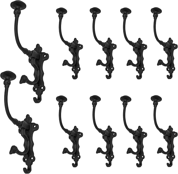 Mystic Colonial Rustic Cast Iron Wall Hooks – Heavy Duty Vintage Utility Hooks for Hanging Coats, Towels, Bags, Robes, Hats & More – Large Decorative Wall Mount Hanger, Pack of 10, Black