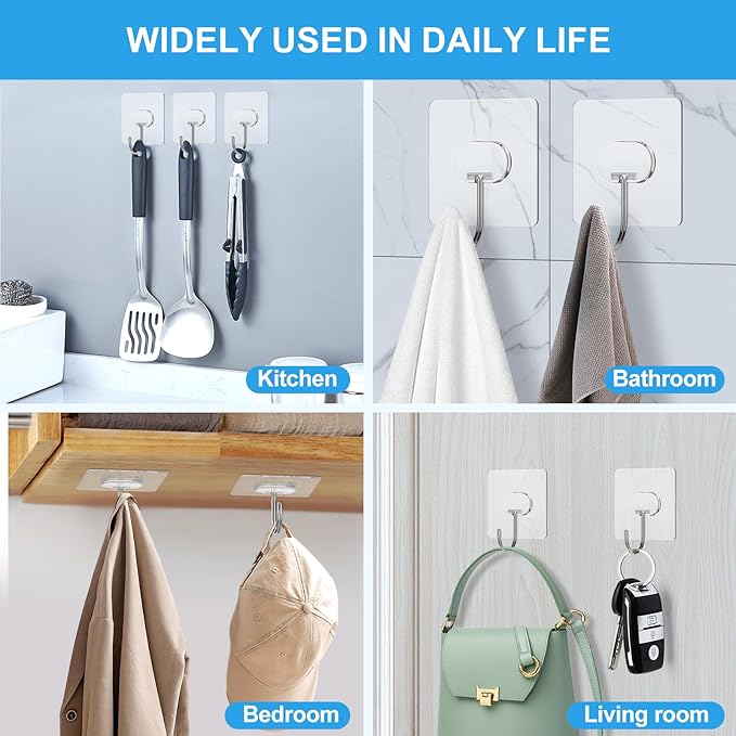 JINSHUNFA Adhesive Wall Hooks 13LB Heavy Duty No Drill Large Transparent Waterproof Hooks for Bathroom Kitchen Towel Coat 12 Pack