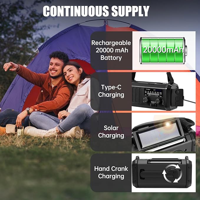 Emergency Weather Radio 20000mAh NOAA/AM/FM with 74000mWh USB/Solar/Hand Crank Charging, Battery Operated, SOS Alarm & Flashlight for Indoor/Outdoor Emergencies (Black)