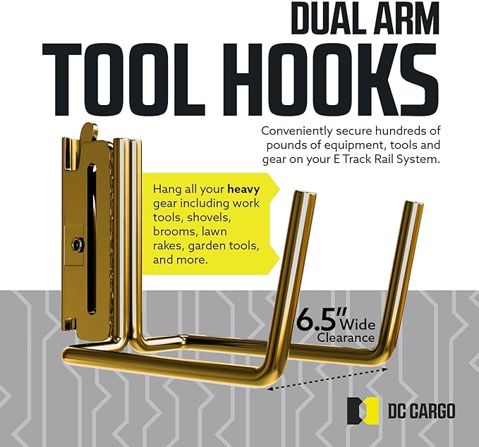 DC Cargo Mall E Track Tool Hooks 6.5” Deep (2 Pack) – Heavy Duty Black Powder-Coated Steel Hangers for Garage, Truck, Trailer, or Workshop – E Track Hook Storage for Tools and Ladder