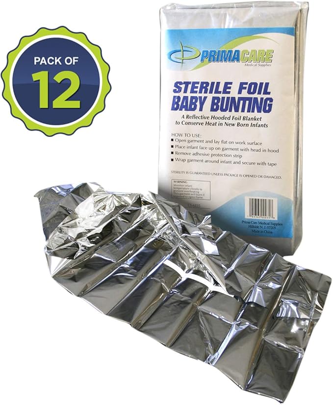 Primacare CB-6835-CS Pack of 12 Sterile Foil Baby Bunting Blankets for Newborns and Infants, Disposable Emergency Heat Saving, 30" x 17"