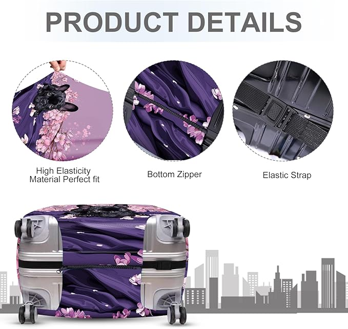 ANNA QUEEN French Bulldog Luggage Cover, Cute Black Dog with Pink Flowers Suitcase Protector, Stretchable Washable Travel Sleeve for 28-30 Inch Luggage