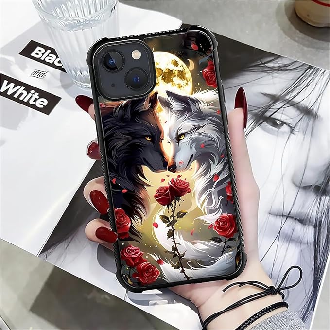 for iPhone 15 Plus Case, Black White Wolf Moon Flower Rose Pattern Made of Soft Silicone Hard Acrylic Shock Protection for iPhone 15 Plus