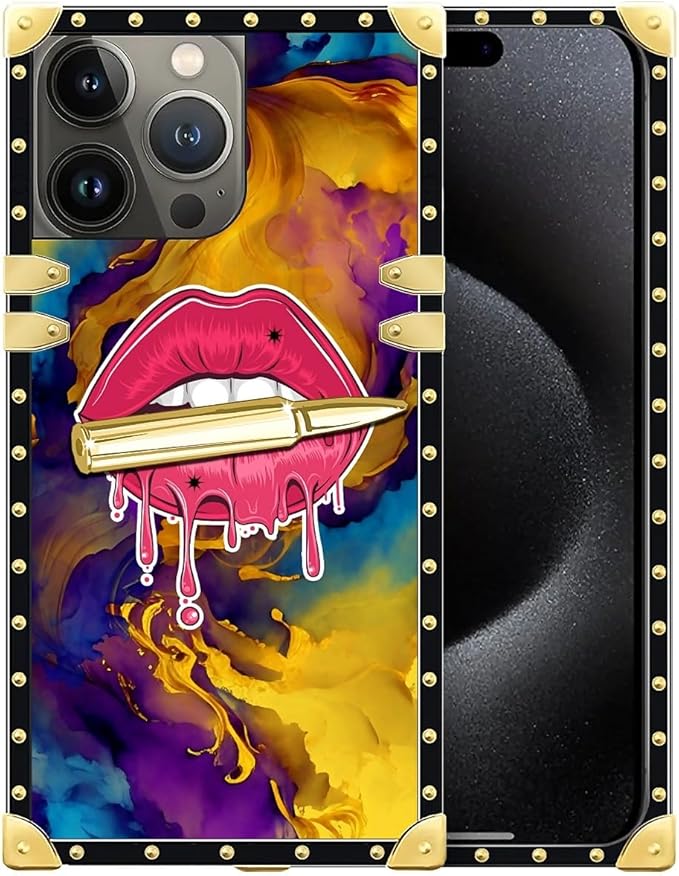 Compatible with iPhone 16 Pro Max Case, Cool Corlorful Lip Marble Luxury Golden Decoration for Girl Women Soft TPU Shockproof Protective Hard PC Back for iPhone 16 Pro Max