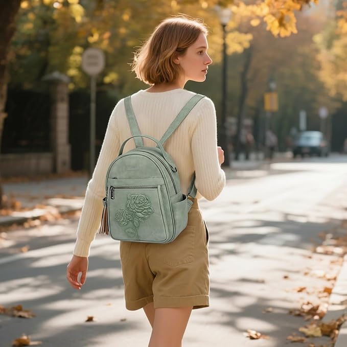 Mini Backpack Purse for Women,Embossed Vegan Leather Small Backpack Fashion Backpacks Daypacks Shoulder Handbag (Green-Flower)