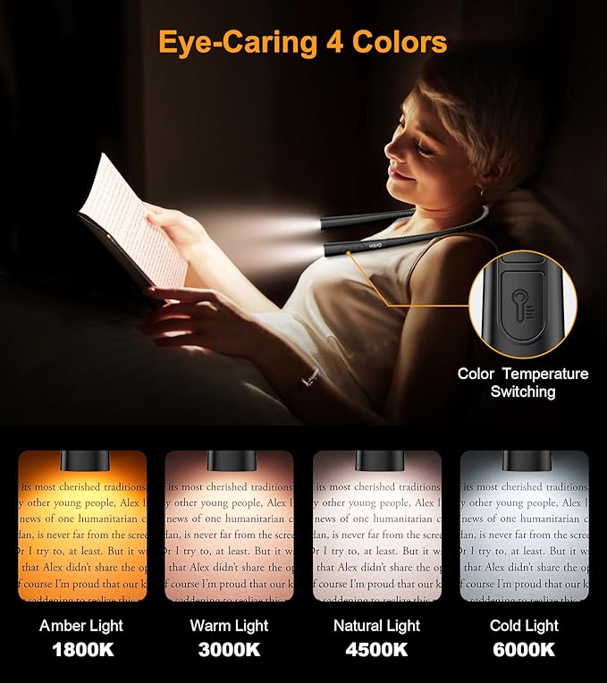 Gritin Book Light, Eye Caring 4-Color & 5-Brightness Neck Light Reading Light- Stepless Dimming,30-min Timer,80+ Hrs Runtime,Bendable Round Neck Design, Lightweight for Reading-Black