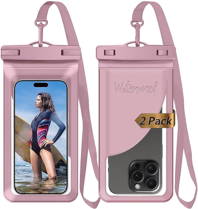 Waterproof Phone Pouch, with Interior Card Pocket, Large Waterproof Phone Case for iPhone 17 16 15 14 Pro Max, IPX8 Lightweight Cellphone Dry Bag, Beach Cruise Ship Essentials,2 Pack-Pink-8.3″
