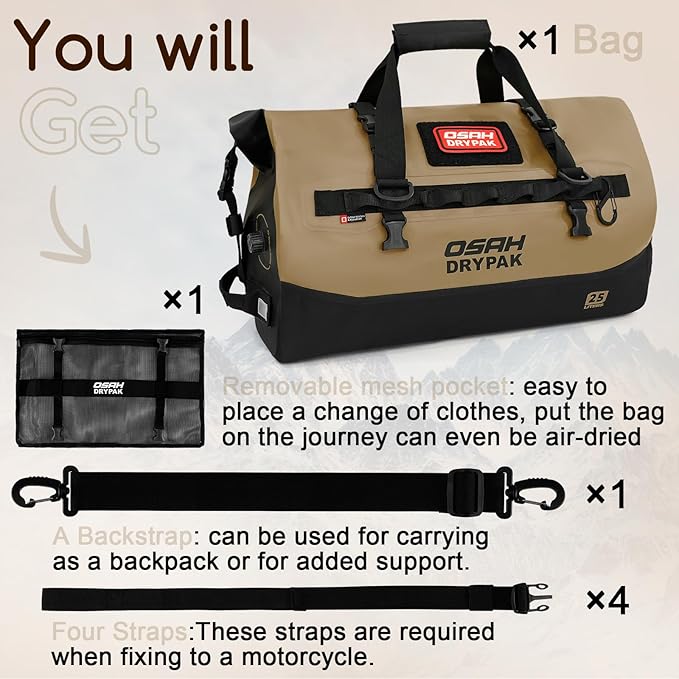 OSAH DRYPAK Waterproof Duffel Bag 25L/40L/60L – Heavy-Duty Motorcycle Tail Bag, Roll-Top Dry Bag for Travel, Camping, Boating, Kayaking, Outdoor Adventure