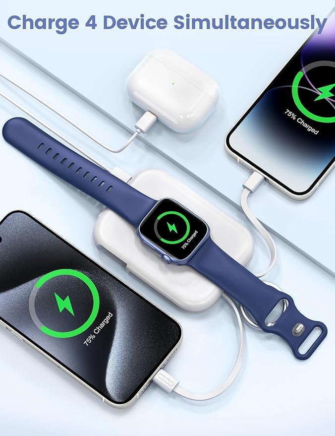 RORRY Portable Charger, 5000mAh Portable Charger Power Bank with Built-in Cables, Travel Keychain Battery Pack for Apple Watch Ultra/11/10/9/8/7/6/SE, iPhone Air/17/16/15/14/13/12, White