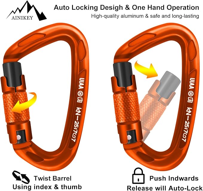 UIAA Certified Professional Heavy Duty Large Locking Carabiner Clips Climbing Carabiner 25kN Auto Locking Carabiner for Rock/Ice Climbing Rappelling Rescue Swing etc, D Shaped