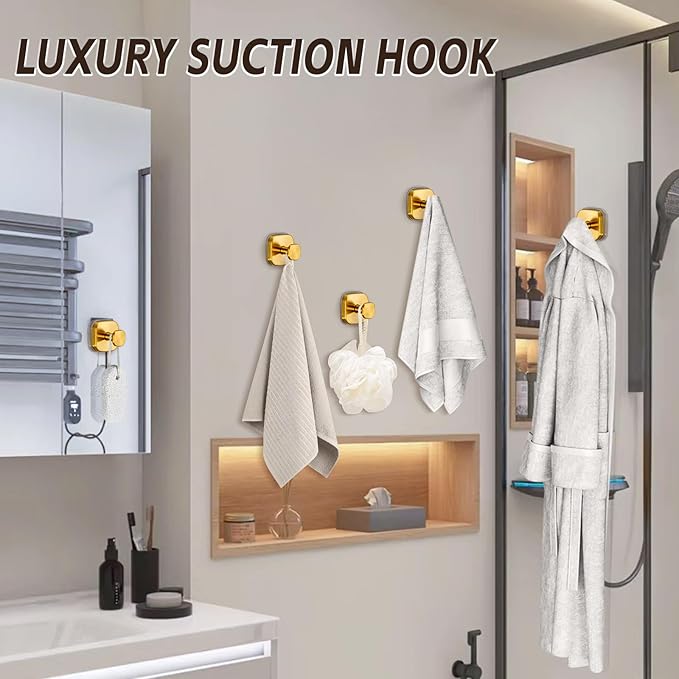 Suction Cup Hooks for Shower Heavy Duty No-Drill– Reusable Multi-Purpose Hooks Adheres to Glass, Mirrors, Tiles & Smooth Surfaces for Towels, Robes, Loofah& Body Sponge (4, Brushed Gold)
