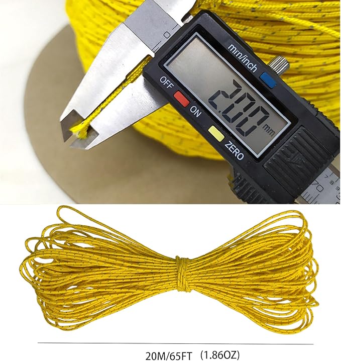 Dyneema Reflective Rope -2mm 400kg Fracture Strain - Suitable for Tents, Kite Surfing, and Other 65 feet (Yellow, 2mm)