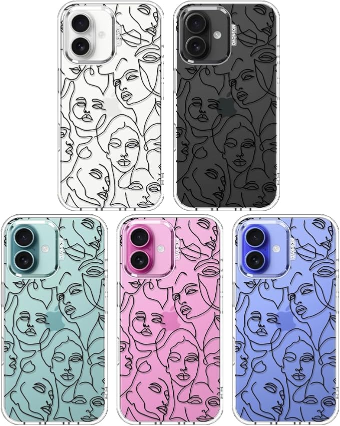 MOSNOVO Case for iPhone 16, [Buffertech 6.6ft Military-Grade Drop Protection] [Anti Peel Off Tech] Clear TPU Bumper Phone Case Cover Design - Abstract Face Line Art