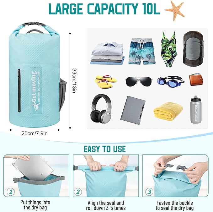 BKNOOU Dry Bag Waterproof Backpack for Women Men, 10L/20L Roll Top Dry Bags for Kayaking Waterproof Bag for Travel, Boating, Beach, Camping, Hiking & Rafting, Dry Storage Bag with Phone Pouch