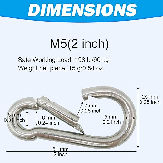 304 Stainless Steel Carabiners -2 inch Heavy Duty, Durable & Rust-Free Clips for Gym, Swing, Dog Leashes, Hammocks, Keychains, and More(304,M5,Pack of 12)