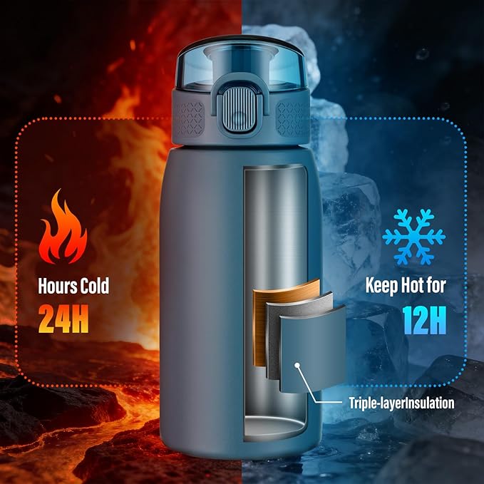Insulated Water Bottle 12 oz with Dustproof Lid, Carry Handle & Tea Infuser, BPA-Free & Leakproof, Stainless Steel Water Bottles Ideal for Fitness, Hiking, Office & Outdoor Use （Navy Blue ）