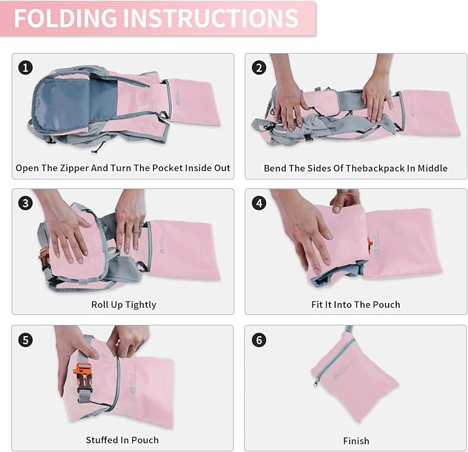 Hiking Backpack 10L/15L Small Daypack Lightweight Packable Travel Foldable Water Resistan for Women Men (Pink, 10L)