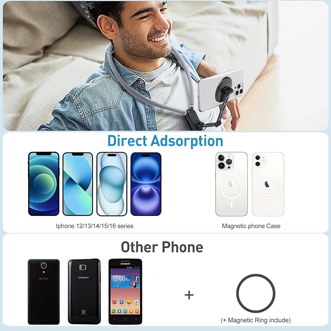 Magnetic Neck Phone Mount, Adjustable Chest Strap Neck Phone Holder for Recording, Hands Free POV/Vlog Phone Video Filming, Neck Cell Phone Chest Mount, Content Creator Essentials for iPhone Andriod
