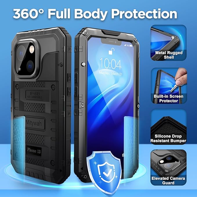 Mitywah Waterproof Case for iPhone 13, Heavy Duty Military Grade Drop Protection Phone Case with Built-in Screen Protector, 360° Full Body Protection Metal Armor Dropproof Case 6.1 inch, Black