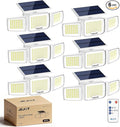 White Solar Security Light Outdoor Super Bright LED, Motion Sensor Flood Light, 3 Heads 270° Wide Angle, Remote Control, IP65 Waterproof, 3 Modes (6 Packs)