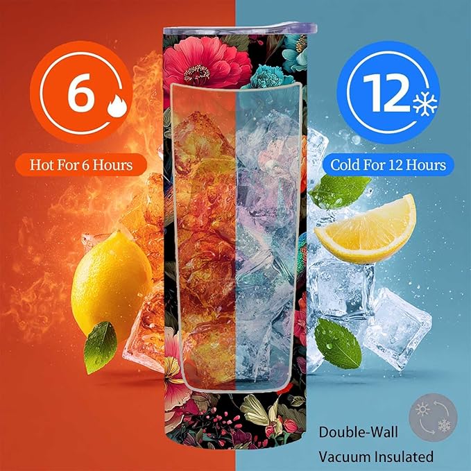 Firmiso 20 oz Tumbler | Skinny Insulated Travel Mug with Leak-proof Lid and Telescopic Straw | Hummingbird & Peony Stainless Steel Coffee Cup for Hot & Cold Drinks | Hummingbird Gifts for Women