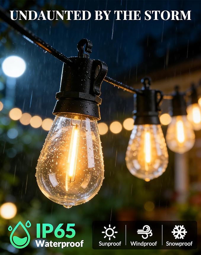 Outdoor String Lights LED Patio-Light - 65Ft Outside Waterproof Dimmable Porch Lights with Remote Shatterproof S14 Bulbs Outside Hanging Light Connectable Lighting for Gazebo Backyard Bistro Pergola
