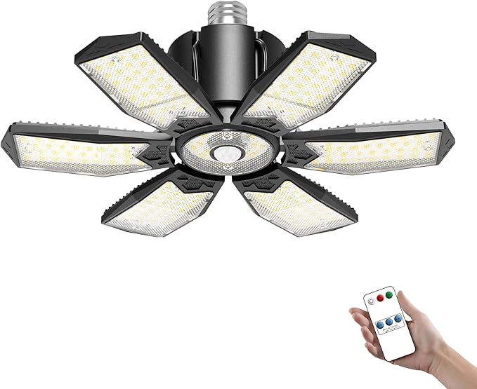 Motion Sensor Garage Light 200W 20000LM, Deformable LED Sensing Shop Lighting with Timer Setting - 6500K Bright Motion Activated Light Bulb for Basement/Workshop/Attic