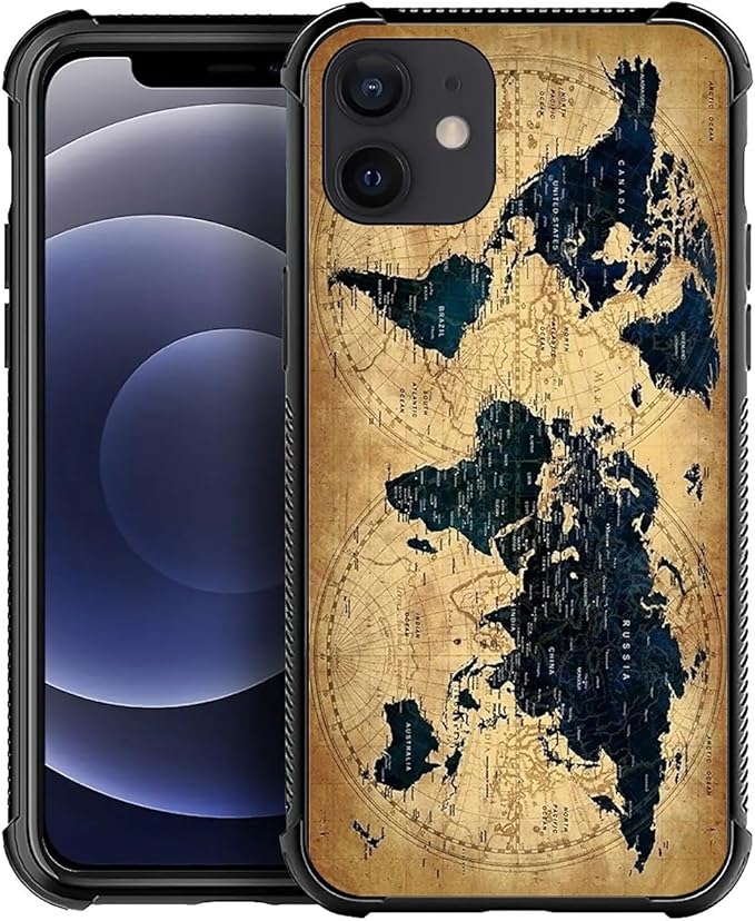for iPhone 11 Case, Brown World Map Pattern Graphic Design Girl Boy Soft Silicone Hard Acrylic Shock Protection for iPhone 11